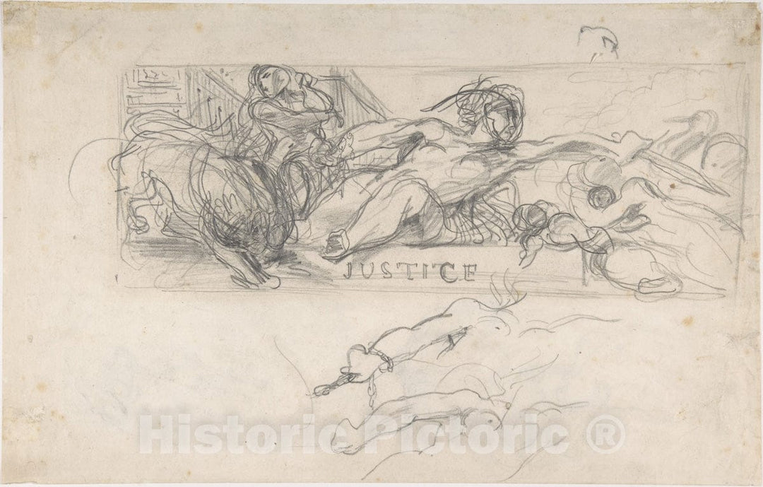 Art Print : Study for an allegorical Figure of Justice in The Ceiling Decoration of The Salon du Roi - Artist: Eugene Delacroix - Created: 1833 : Vintage Wall Art
