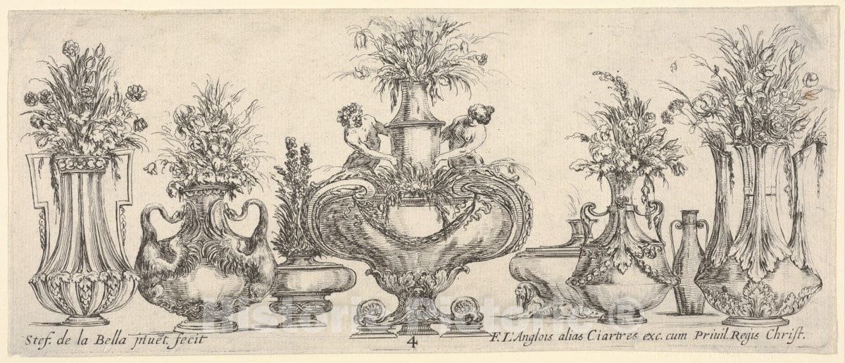 Art Print : Eight vases - Artist: Stefano Della Bella - Created: c1650 : Vintage Wall Art