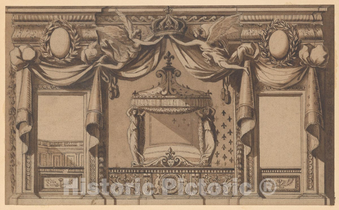 Art Print : French, 17th Century - Elevation of a Royal Bedroom : Vintage Wall Art