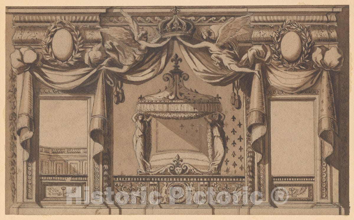 Art Print : French, 17th Century - Elevation of a Royal Bedroom : Vintage Wall Art