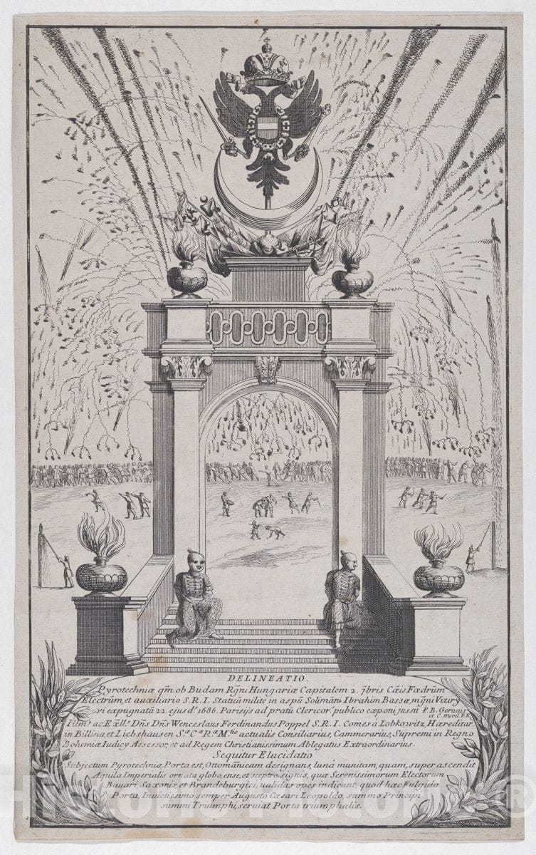 Art Print : Anonymous - Fireworks and Triumphal Arch erected in Buda to Celebrate The Expulsion of The Turks, September 1686 : Vintage Wall Art