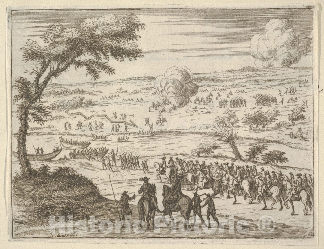 Art Print : Francesco I d'Este Freely Crosses The Po and Takes Up his Sword Against Troops in The Vinyard - Artist: Domenico Gamberti - Created: 1659 : Vintage Wall Art