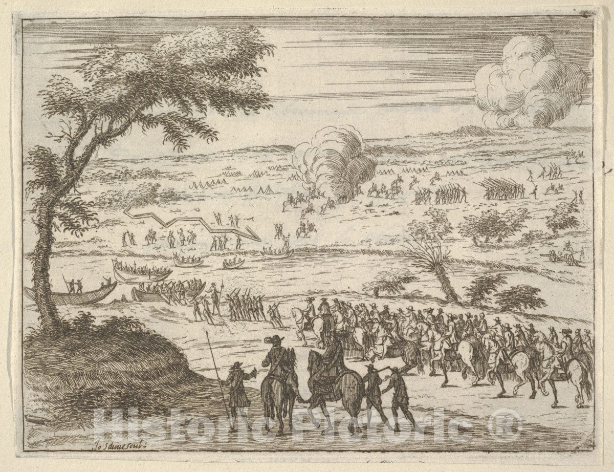 Art Print : Francesco I d'Este Freely Crosses The Po and Takes Up his Sword Against Troops in The Vinyard - Artist: Domenico Gamberti - Created: 1659 : Vintage Wall Art