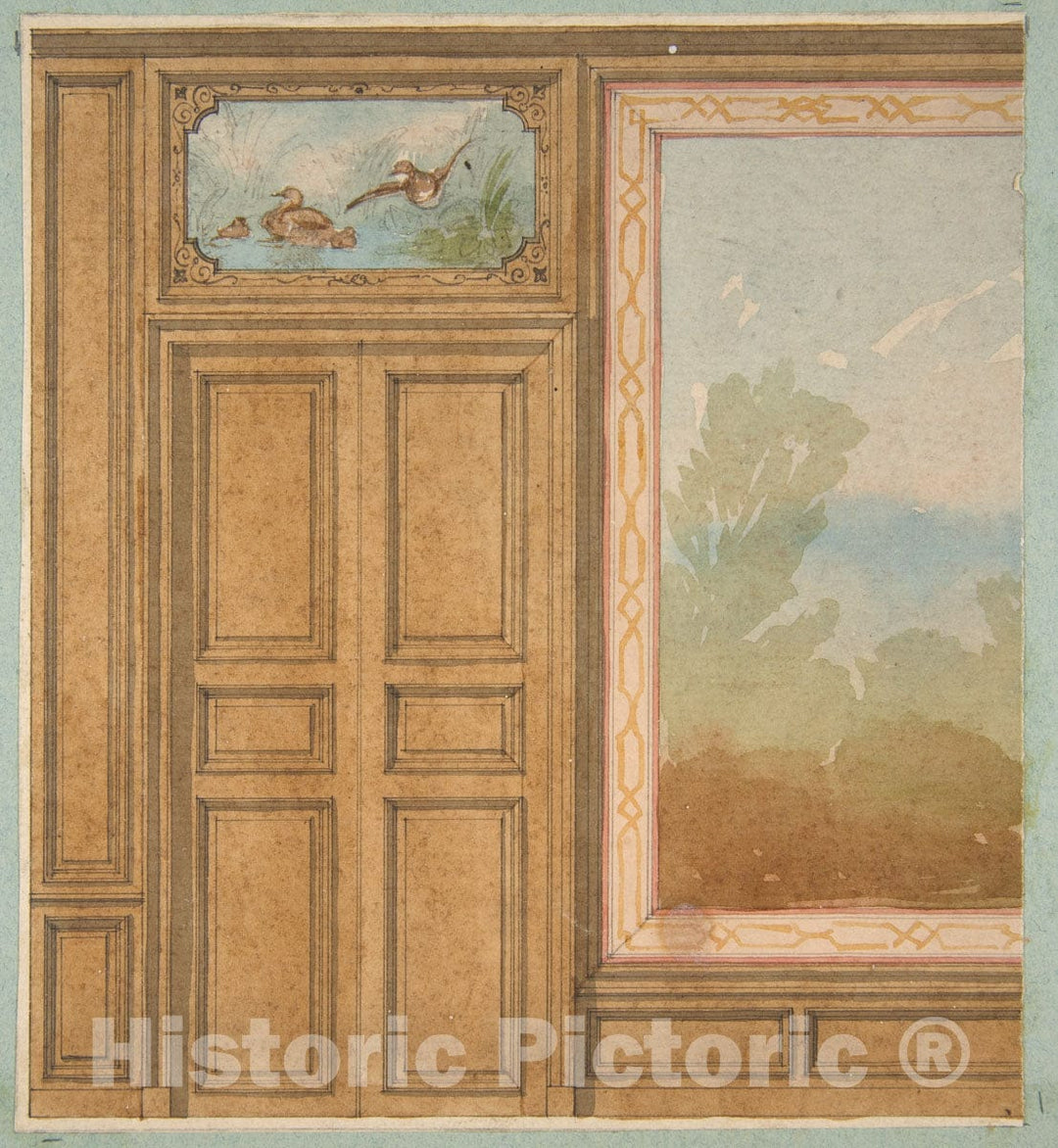Art Print : Jules-Edmond-Charles Lachaise - Elevation of a Paneled Wall with a Mural or Tapestry and a Double Doors surmounted by a Painting of Ducks : Vintage Wall Art