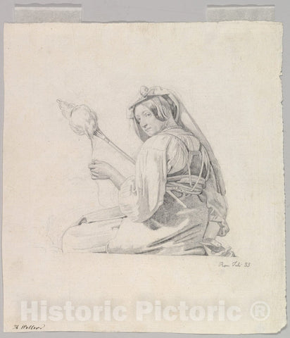 Art Print : Theodor Leopold Weller - A Seated Woman in Roman Dress, Spinning : Vintage Wall Art