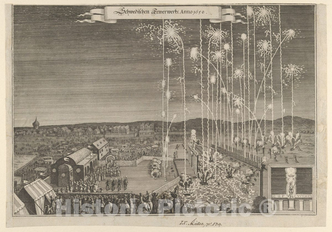 Art Print : Anonymous - Fireworks Given by The Swedish Ambassadors to Honor Karl Gustav, Count Palatine, executed by Johann Carl, Nuremberg 1650 : Vintage Wall Art