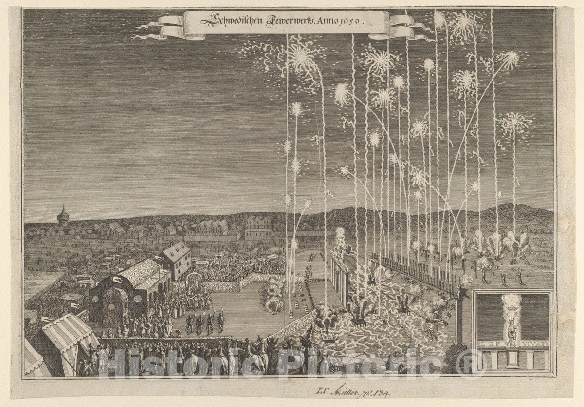 Art Print : Anonymous - Fireworks Given by The Swedish Ambassadors to Honor Karl Gustav, Count Palatine, executed by Johann Carl, Nuremberg 1650 : Vintage Wall Art