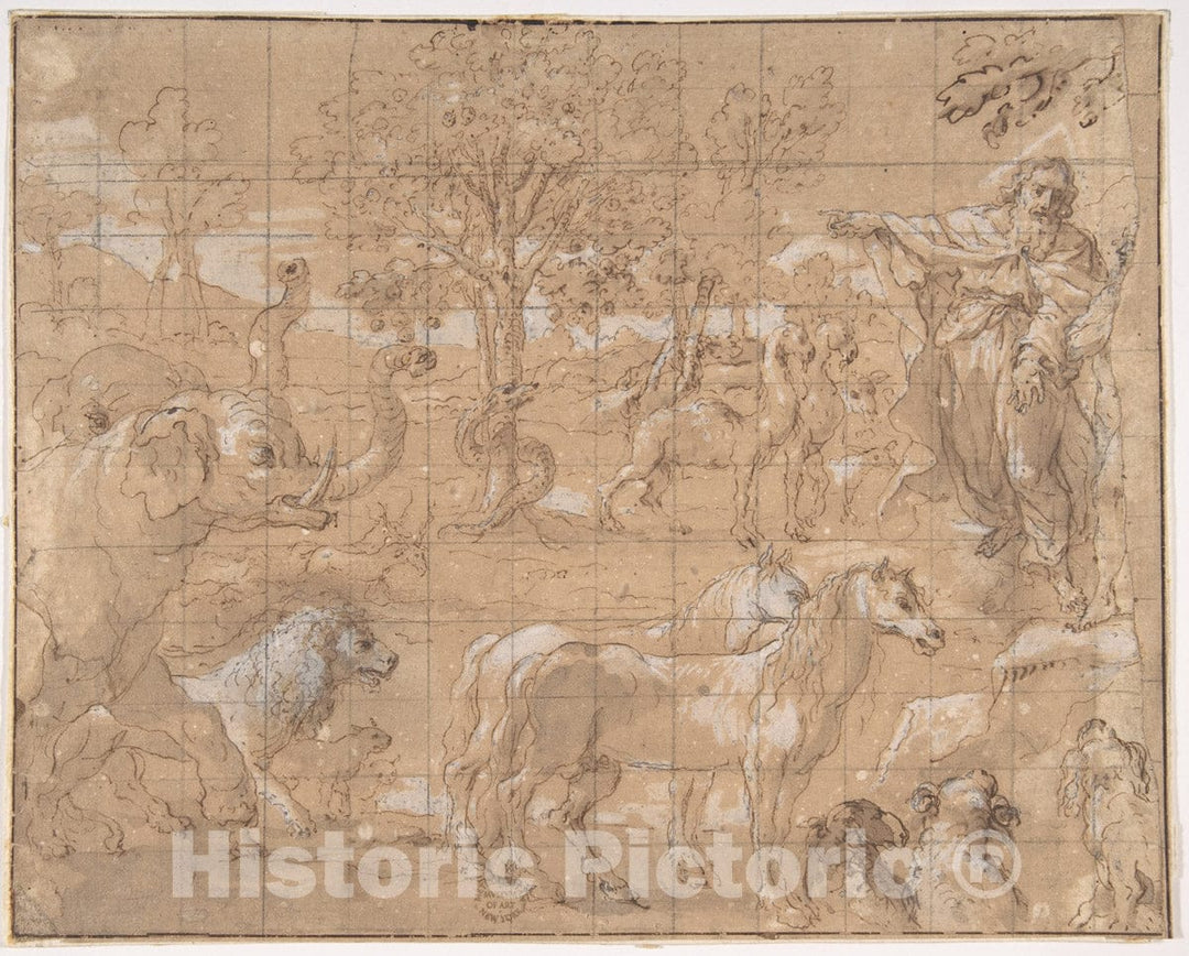 Art Print : Netherlandish, 16th Century - Garden of Eden; Creation of The Animals : Vintage Wall Art