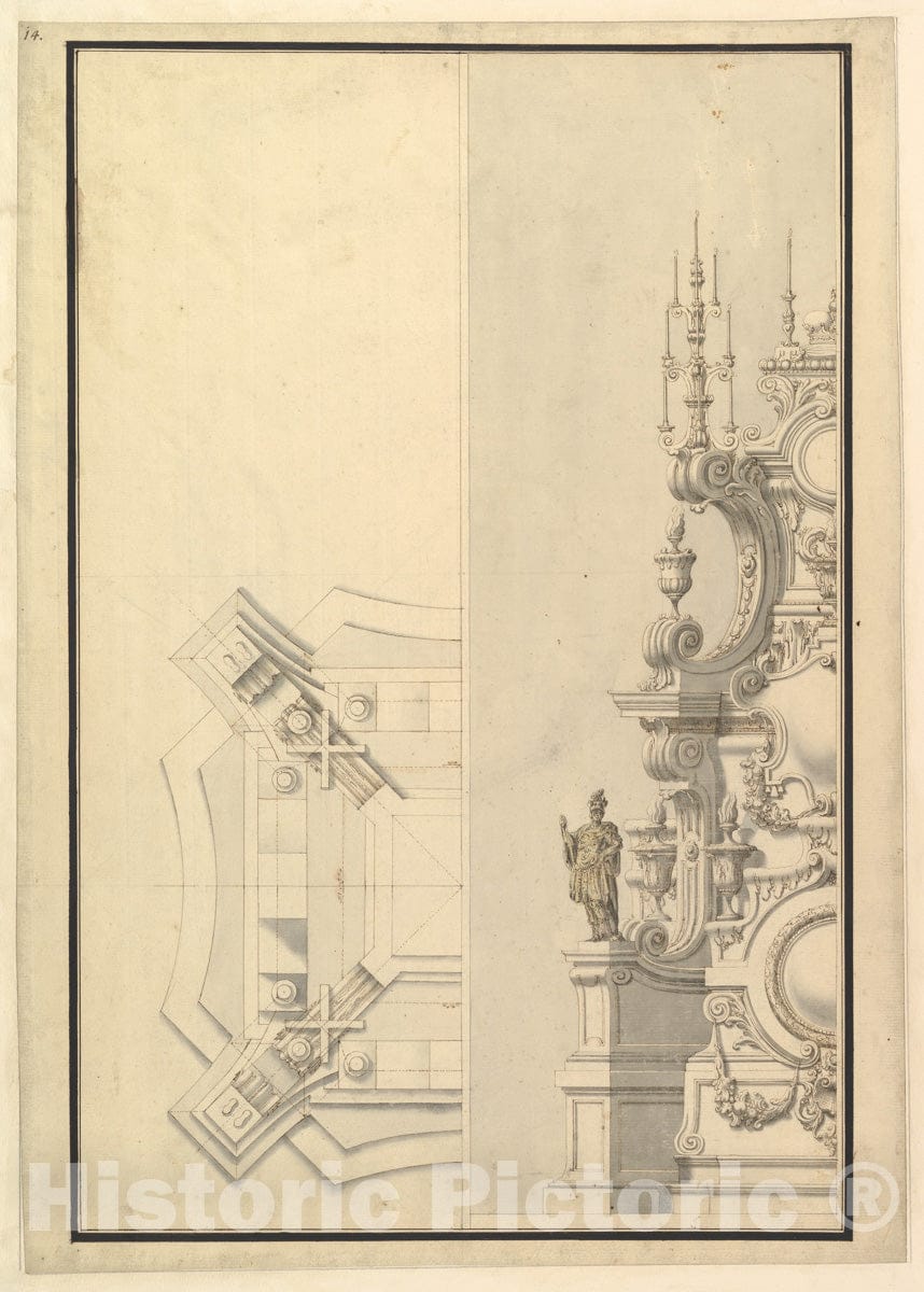 Art Print : Workshop of Giuseppe Galli Bibiena - Half Ground Plan and Half Elevation of a Catafalque, surmounted by a Royal Crown : Vintage Wall Art