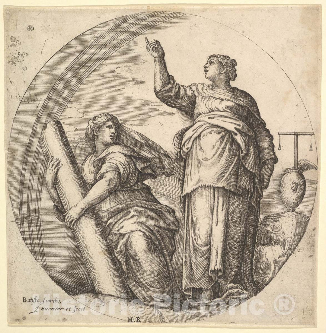 Art Print : Fortitude and Justice, an allegorical composition in round format - Artist: Battista Franco - Created: c1530 : Vintage Wall Art