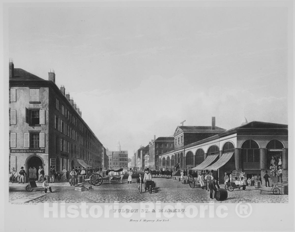 Art Print : William James Bennett - Fulton Street & Market, New York (The Bennett View of Fulton Street) : Vintage Wall Art