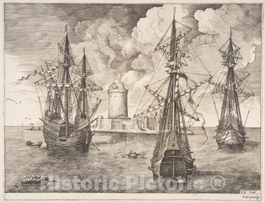 Art Print : Pieter Bruegel The Elder - Four-Master and Two Three-Masters Anchored Near a Fortified Island from The Sailing Vessels : Vintage Wall Art