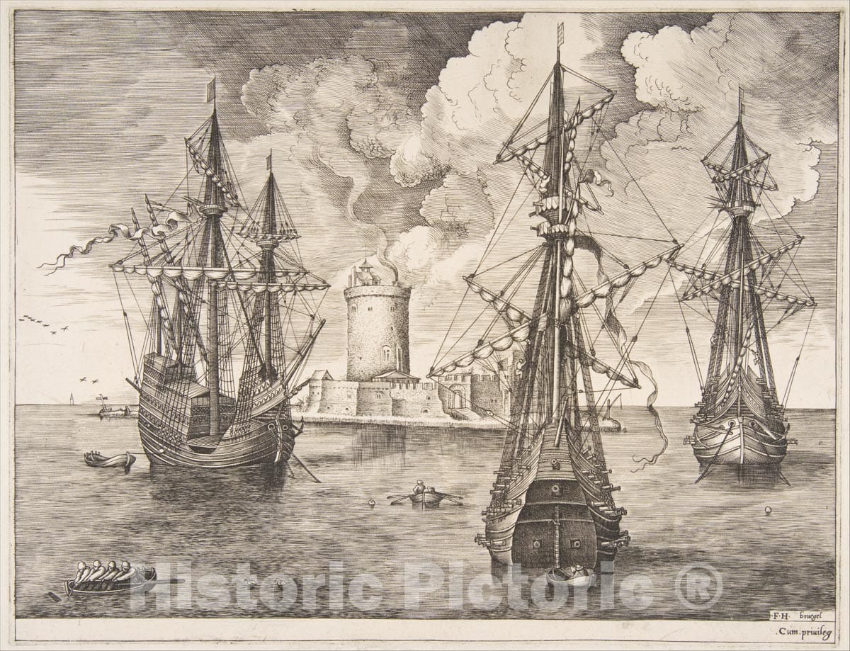 Art Print : Pieter Bruegel The Elder - Four-Master and Two Three-Masters Anchored Near a Fortified Island from The Sailing Vessels : Vintage Wall Art
