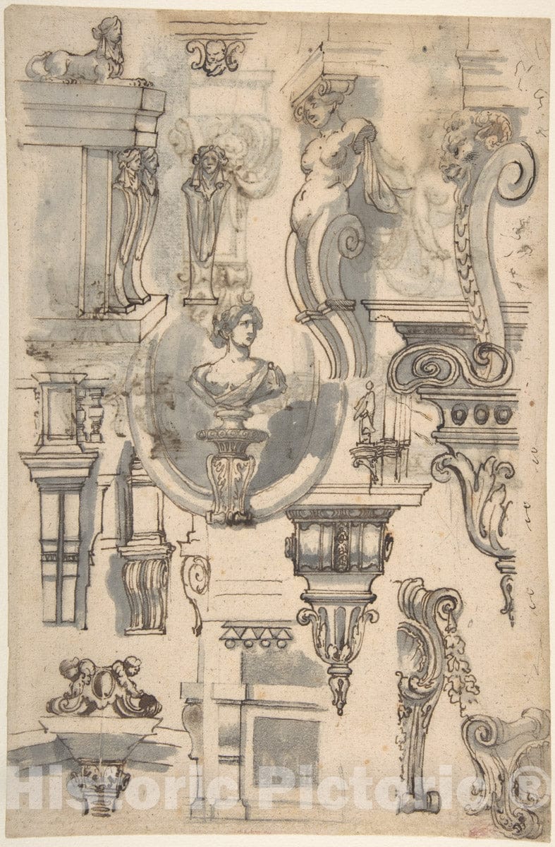 Art Print : Gilles-Marie Oppenord - Brackets, Caryatids and Other Architectural Details (Recto and Verso) : Vintage Wall Art