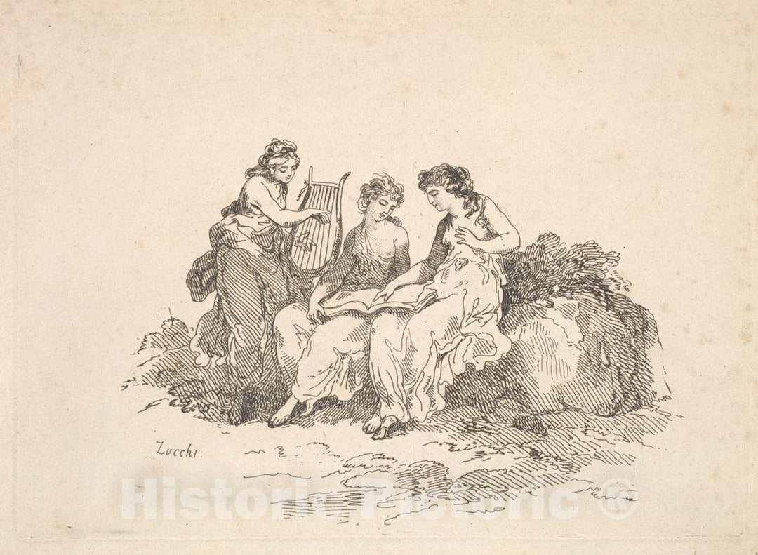 Art Print : Thomas Rowlandson - Harmony – Two Nymphs Singing, Another Playing a Lyre : Vintage Wall Art