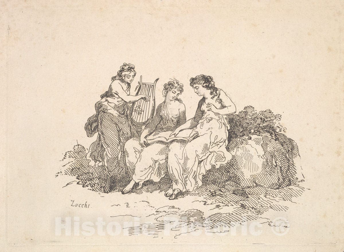 Art Print : Thomas Rowlandson - Harmony – Two Nymphs Singing, Another Playing a Lyre : Vintage Wall Art