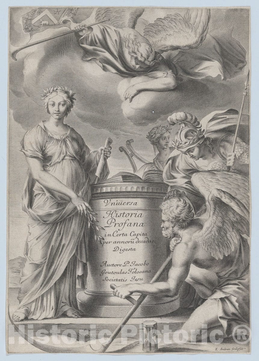 Art Print : Charles Audran - Frontispiece for Vnuiersa Historia Profana : Vintage Wall Art