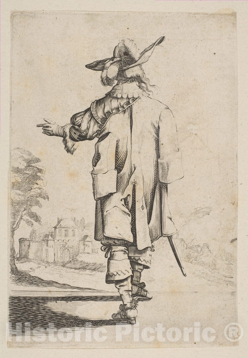 Art Print : Anonymous, French, 17th Century - Gentleman Seen from The Back Pointing Towards a Chateau : Vintage Wall Art