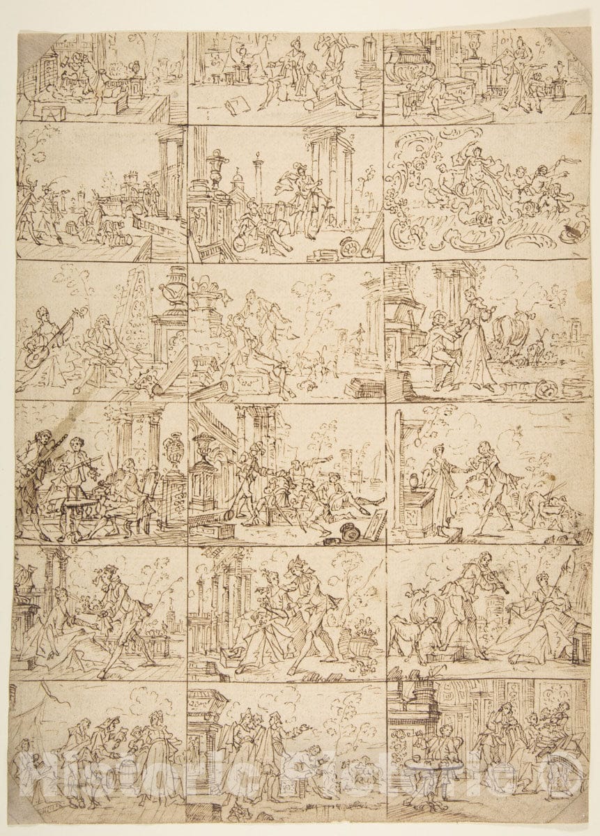 Art Print : French, 18th Century - Eighteen Scenes of Courtship (Recto), Study of Two Men Meeting Before a Portico : Vintage Wall Art
