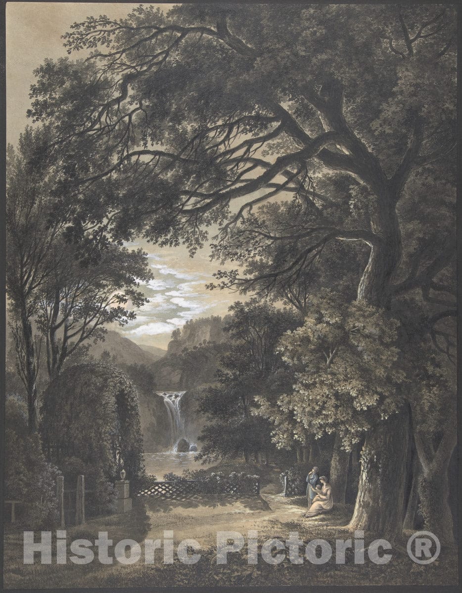 Art Print : Johann Heinrich Meyer - Family Gathered Before a Monument in a Landscape with a Waterfall : Vintage Wall Art