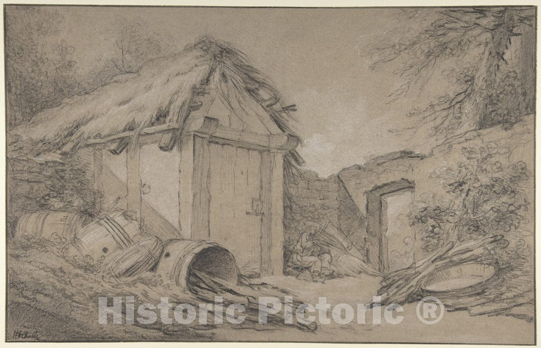 Art Print : Charles Michel Ange Challe - Farmyard : Vintage Wall Art