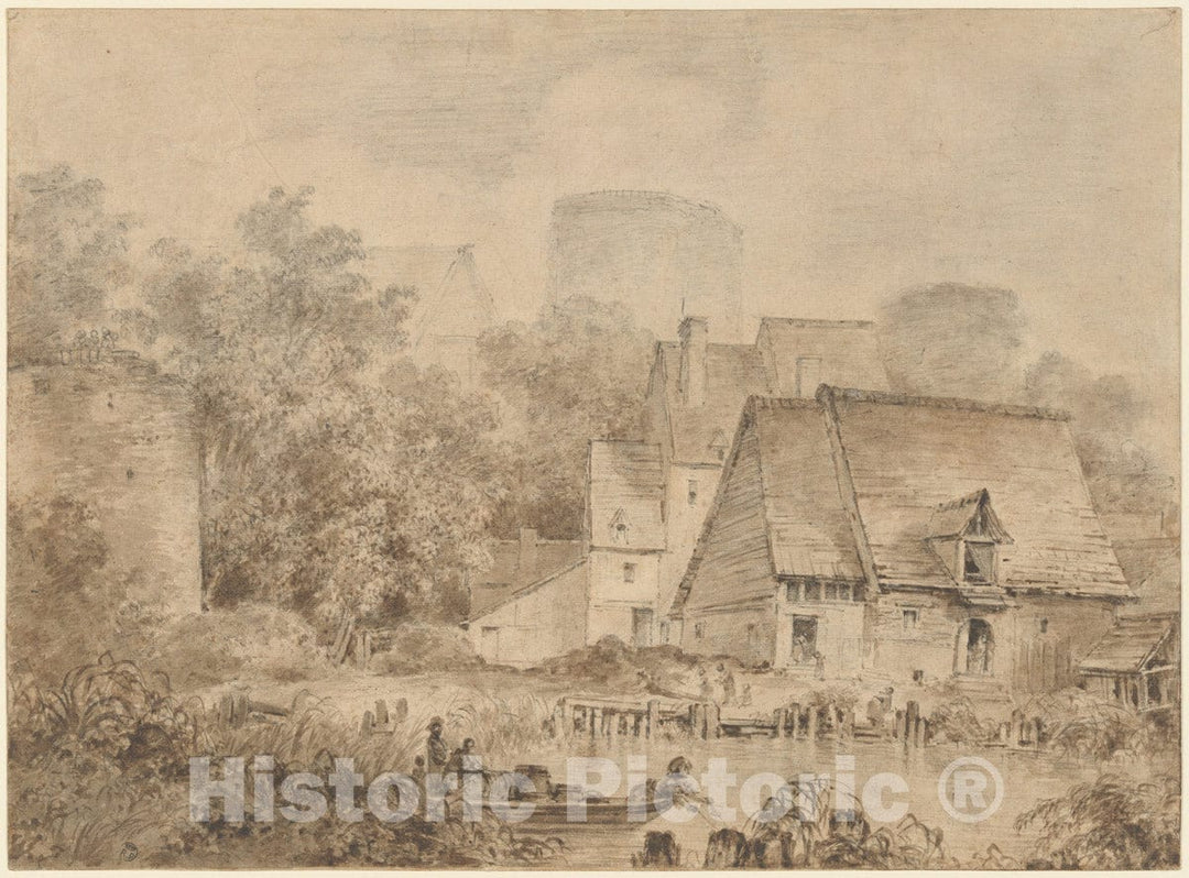 Art Print : Jean Honoré Fragonard - Farm Buildings Beside a Waterway : Vintage Wall Art