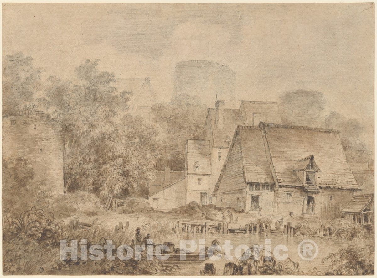Art Print : Jean Honoré Fragonard - Farm Buildings Beside a Waterway : Vintage Wall Art