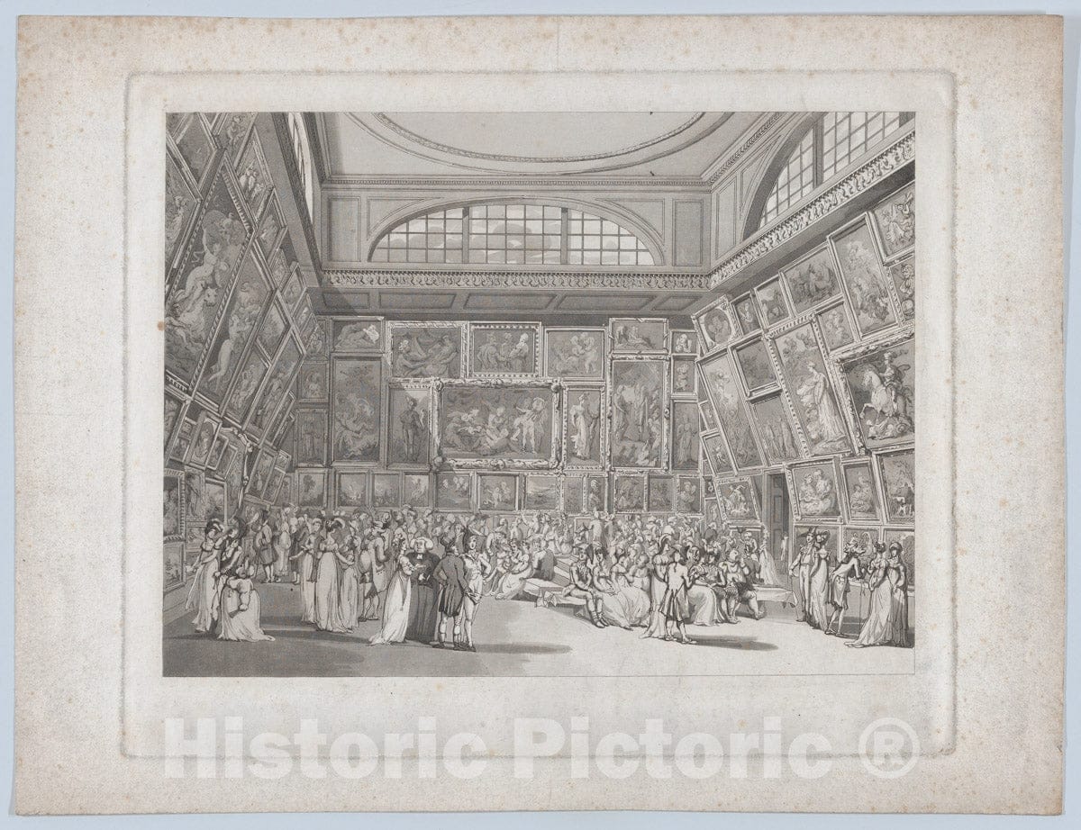 Art Print : Designed and Etched by Thomas Rowlandson - Exhibition Room, Somerset House (Microcosm of London, pl. 2) 2 : Vintage Wall Art