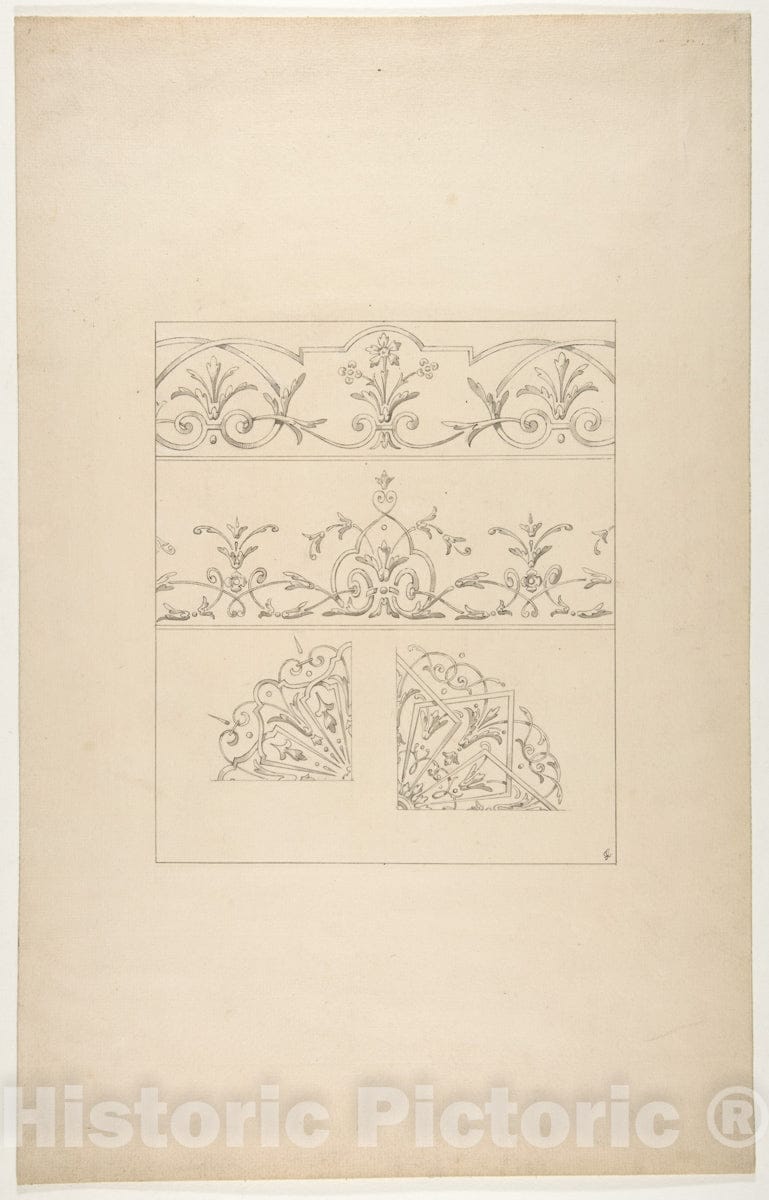Art Print : Jules-Edmond-Charles Lachaise - Four Designs for Decorative patters Featuring Foliage, Flowers, and Scrolls : Vintage Wall Art