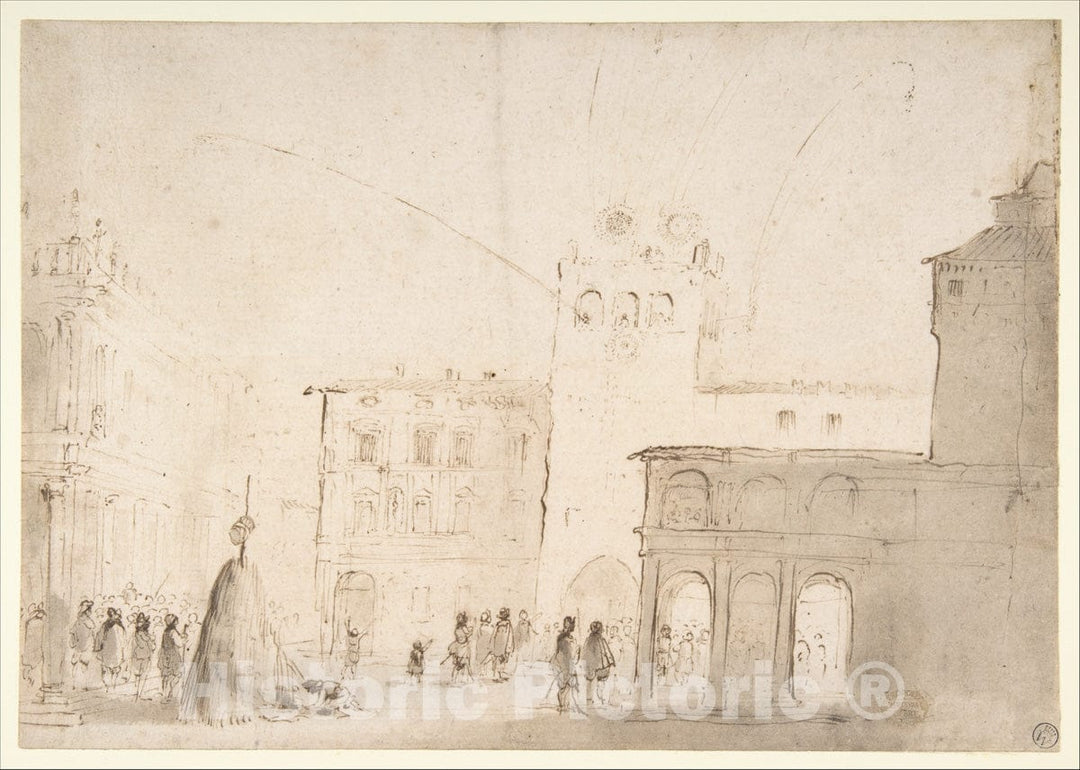 Art Print : Guercino (Giovanni Francesco Barbieri) - Fireworks in a Piazza : Vintage Wall Art