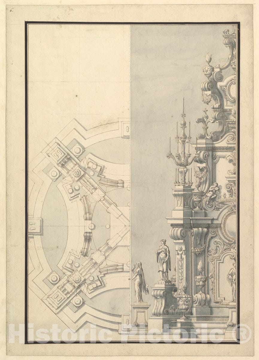 Art Print : Workshop of Giuseppe Galli Bibiena - Half Ground Plan and Half Elevation for a Catafalque for Duke Francesco of Parma (1694-1727) : Vintage Wall Art
