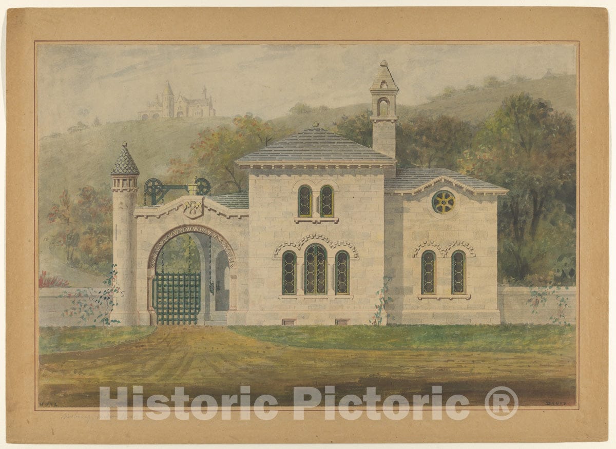 Art Print : Alexander Jackson Davis - Gate Lodge for Amos G. Hull, Newburgh, New York (Front Elevation) : Vintage Wall Art