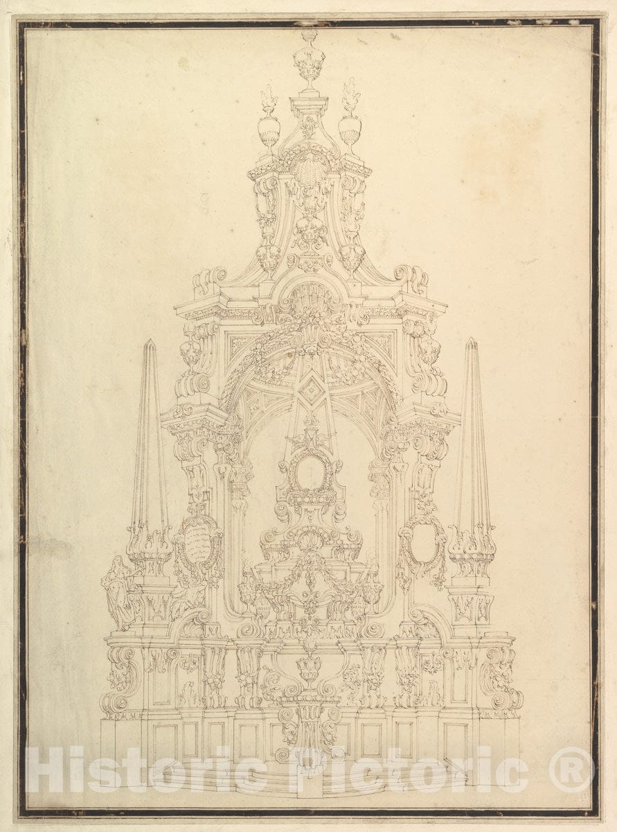Art Print : Workshop of Giuseppe Galli Bibiena - Elevation of a Catafalque: Obelisks at The Corners and One in Center : Vintage Wall Art