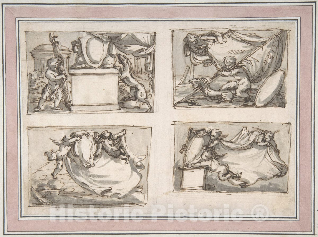 Art Print : Carlo Marchionni - Four Sketches of Putti Hanging Coat of Arms : Vintage Wall Art
