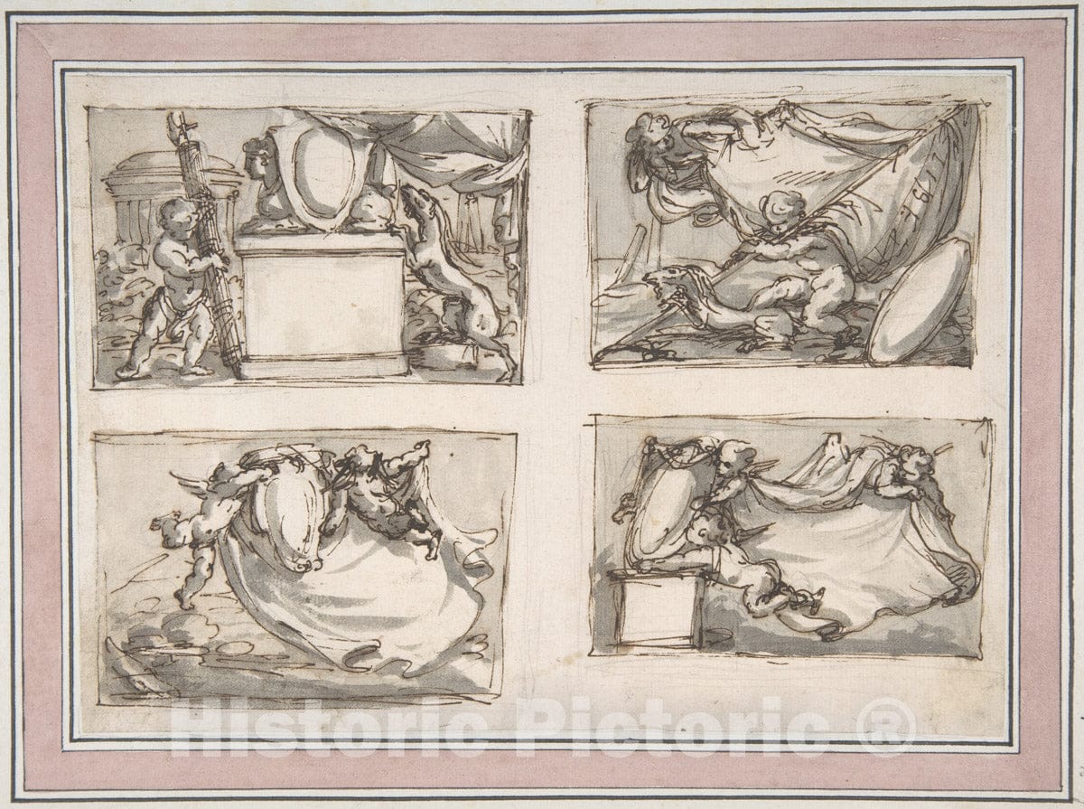 Art Print : Carlo Marchionni - Four Sketches of Putti Hanging Coat of Arms : Vintage Wall Art