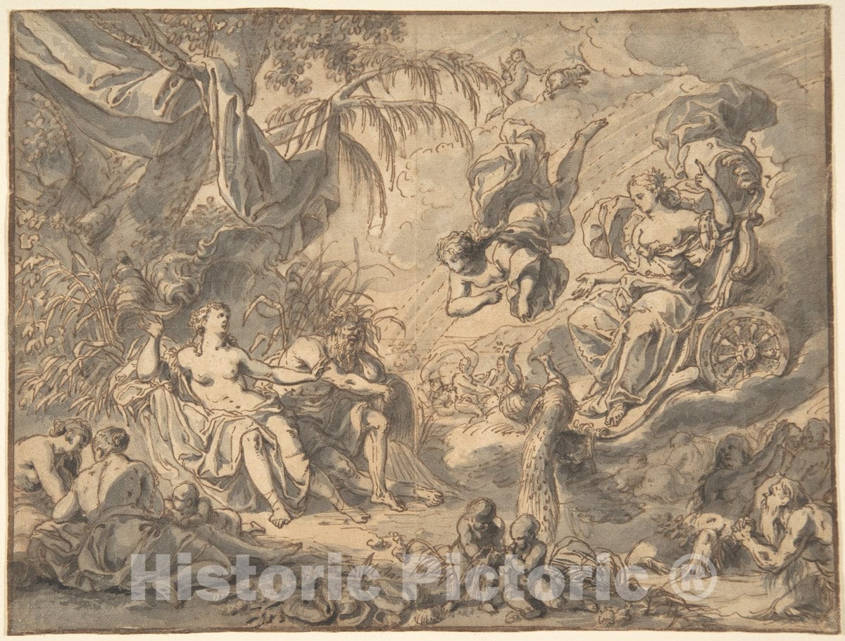 Art Print : Richard Van Orley - Juno on Her Chariot Visiting a Young Woman and a Rivergod : Vintage Wall Art