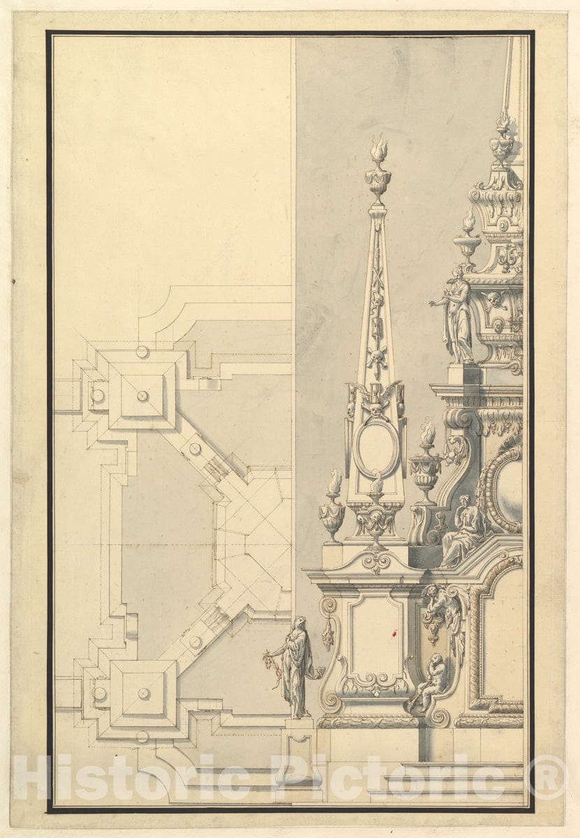 Art Print : Giuseppe Galli Bibiena  - Half Ground Plan and Half Elevation for a Catafalque for a Prince of Hanover : Vintage Wall Art