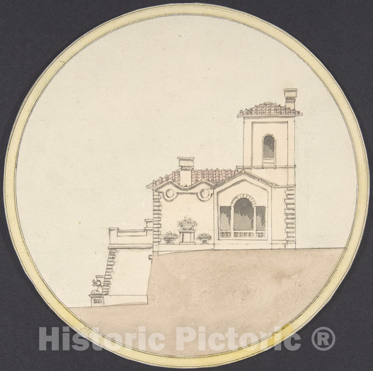 Art Print : British, 19th Century - Side Elevation of an Italian Villa Style House : Vintage Wall Art