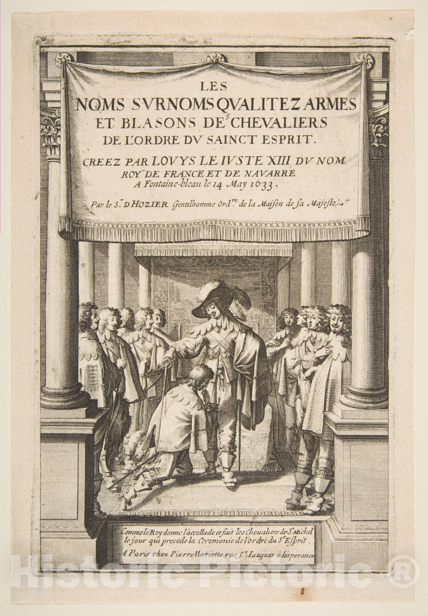 Art Print : Frontispiece to Pierre d'Hozier's Les noms surnoms qualitez Armes et blasons des chevaliers de l'Ordre du Sainct Esprit - Artist: Abraham Bosse : Vintage Wall Art