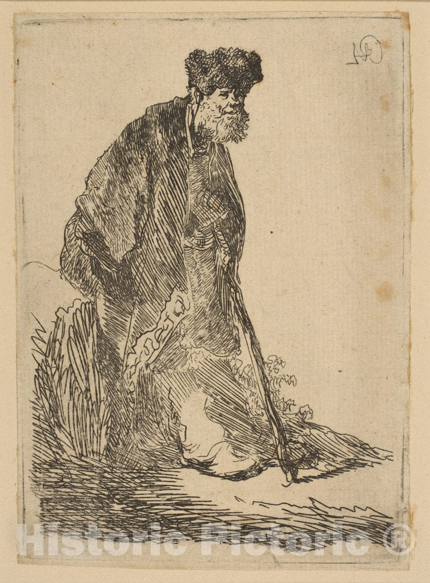 Art Print : Rembrandt (Rembrandt Van Rijn) - Man in a Cloak and Fur Cap, Leaning Against a Bank : Vintage Wall Art