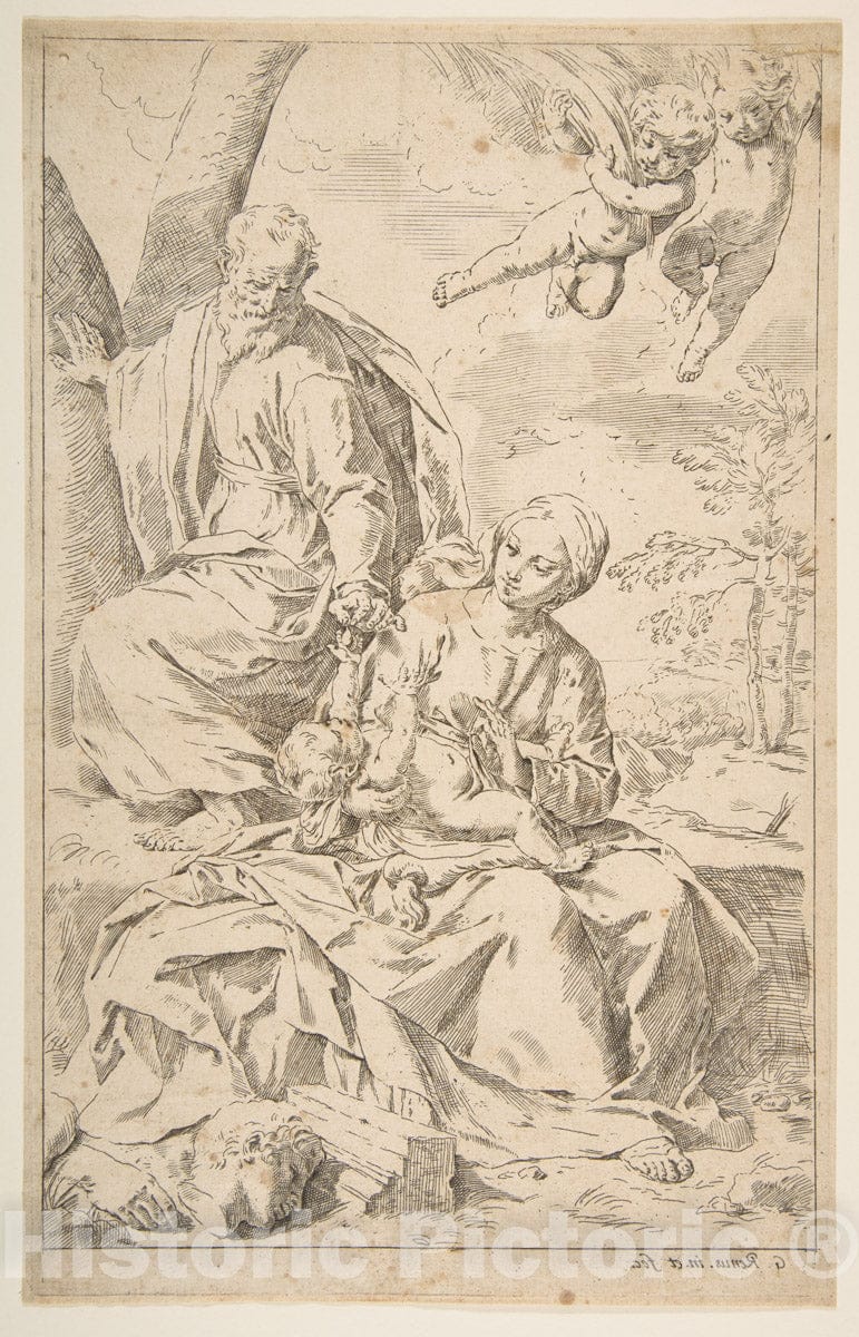 Art Print : Simone Cantarini - Rest on The Flight into Egypt, Mary Holding The Infant Christ While St. Joseph Hands him a Fruit : Vintage Wall Art