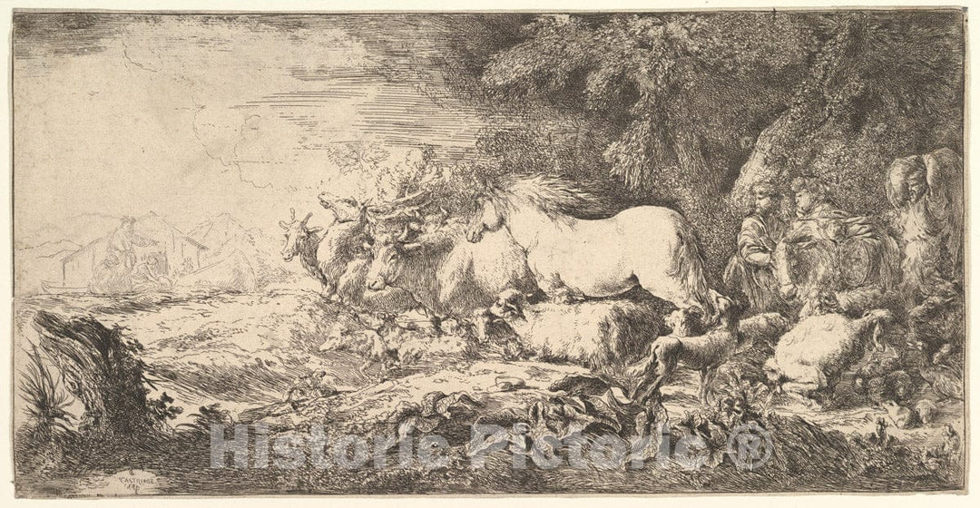 Art Print : Entry of The Animals into Noah's ark - Artist: Giovanni Benedetto Castiglione (Il Grechetto) - Created: c1650 : Vintage Wall Art