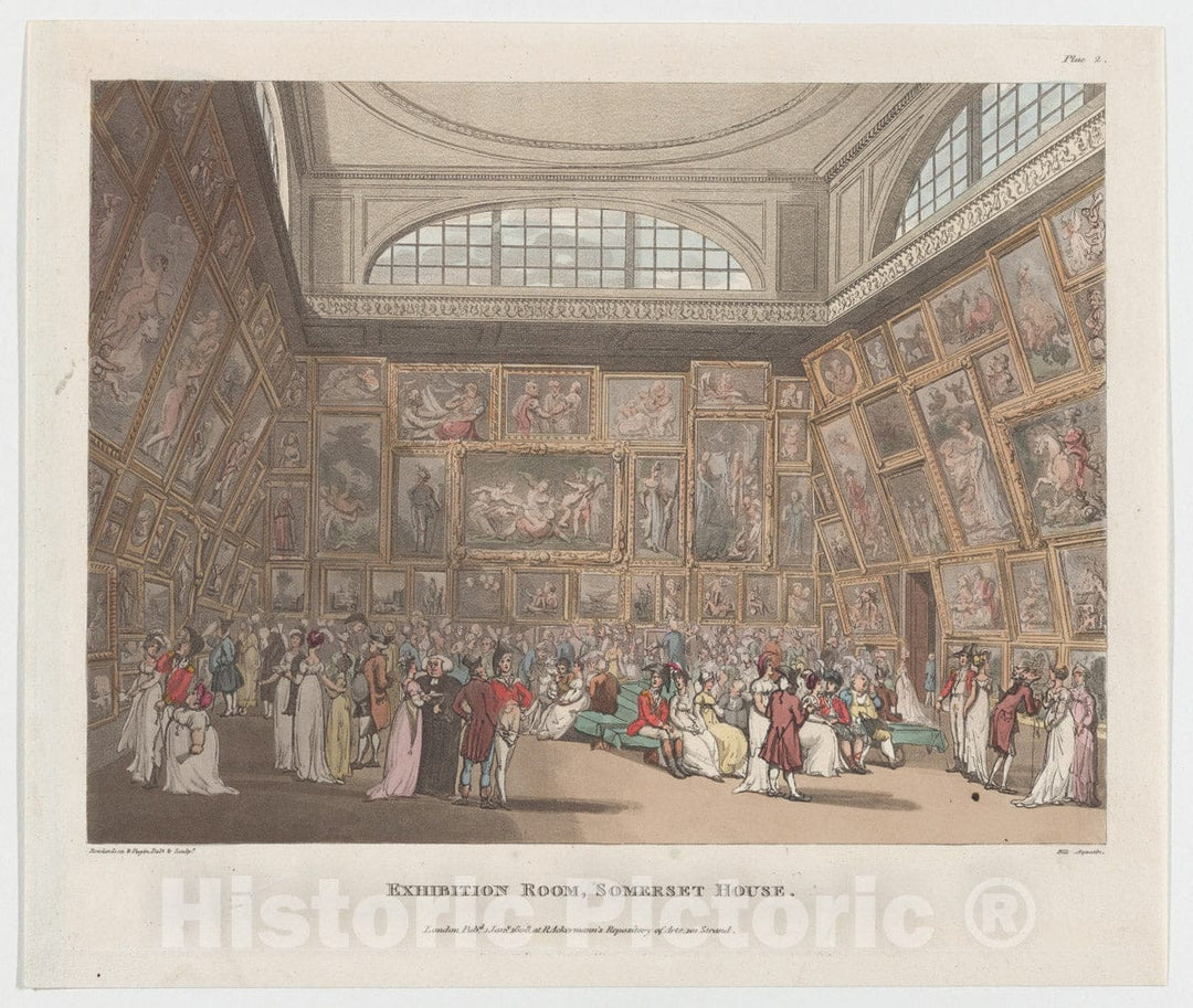 Art Print : Designed and Etched by Thomas Rowlandson - Exhibition Room, Somerset House (Microcosm of London, Plate 2) : Vintage Wall Art