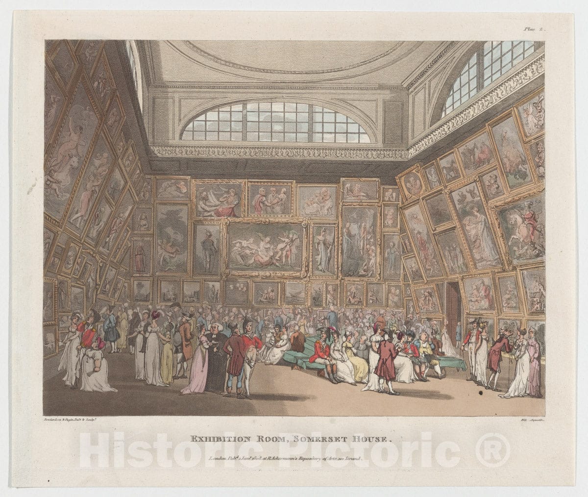 Art Print : Designed and Etched by Thomas Rowlandson - Exhibition Room, Somerset House (Microcosm of London, Plate 2) : Vintage Wall Art