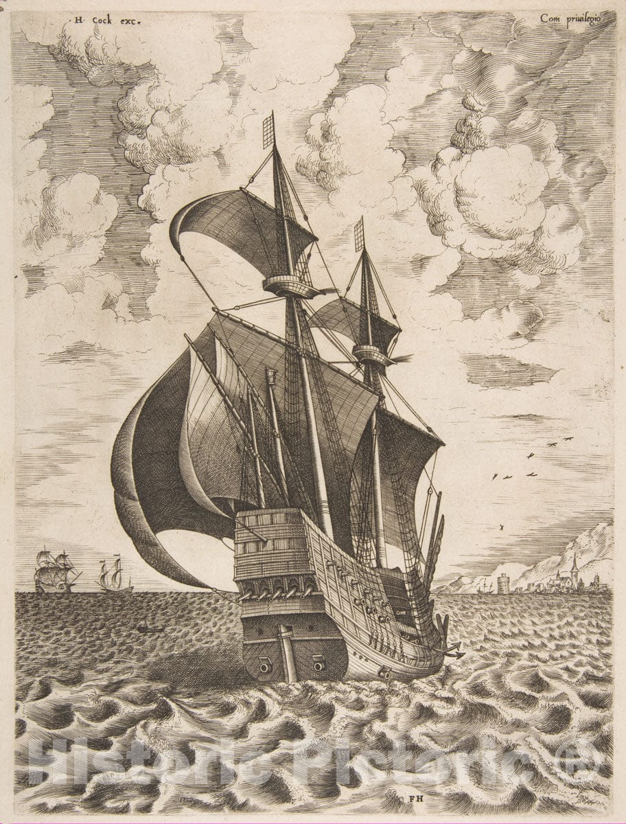 Art Print : Pieter Bruegel The Elder - Armed Four-Master Sailing Towards a Port from The Sailing Vessels : Vintage Wall Art
