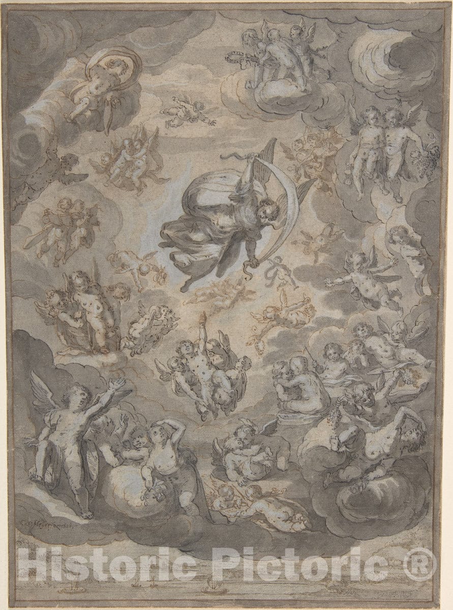 Art Print : Conrad Meyer - Flying Putti, Surrounding Archangel Raphael : Vintage Wall Art