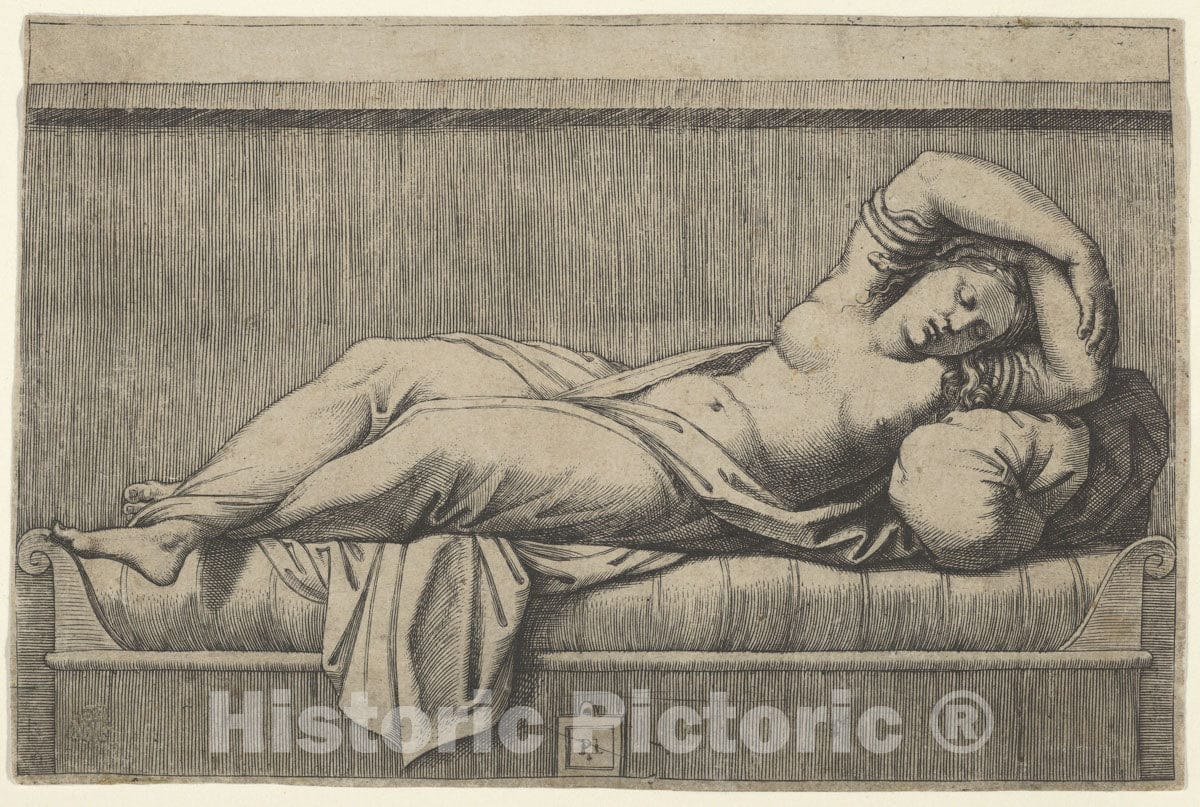 Art Print : Marcantonio Raimondi - Cleopatra Lying Partly Naked on a Bed : Vintage Wall Art