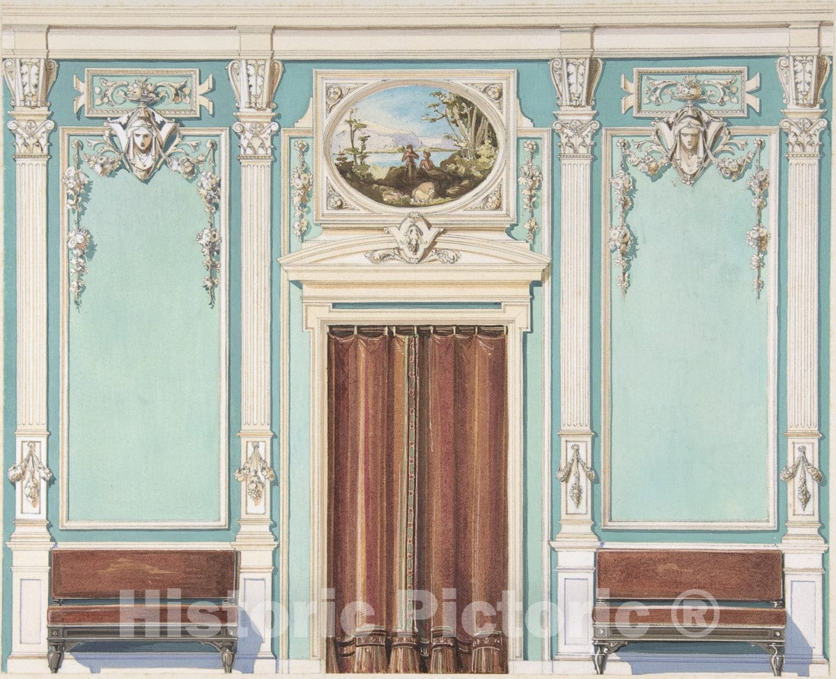 Art Print : Interior Design with a Central Door with Brown Curtains Flanked by Benches - Artist: British, 19th Century - Created: 19th Century : Vintage Wall Art