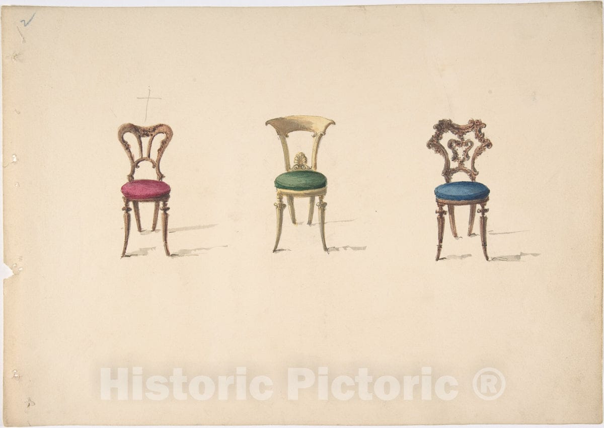 Art Print : British, 19th Century - Design for Three Chairs with Red, Green and Blue Seats : Vintage Wall Art