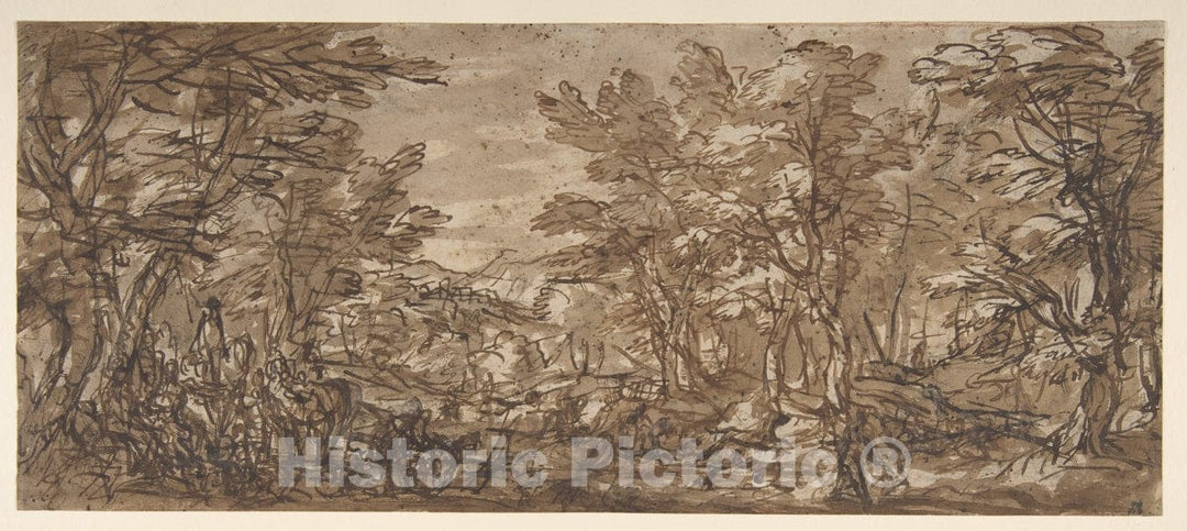 Art Print : Pier Francesco Mola - Forest Scene, a Halt at The Left, a Hunt at The Center : Vintage Wall Art